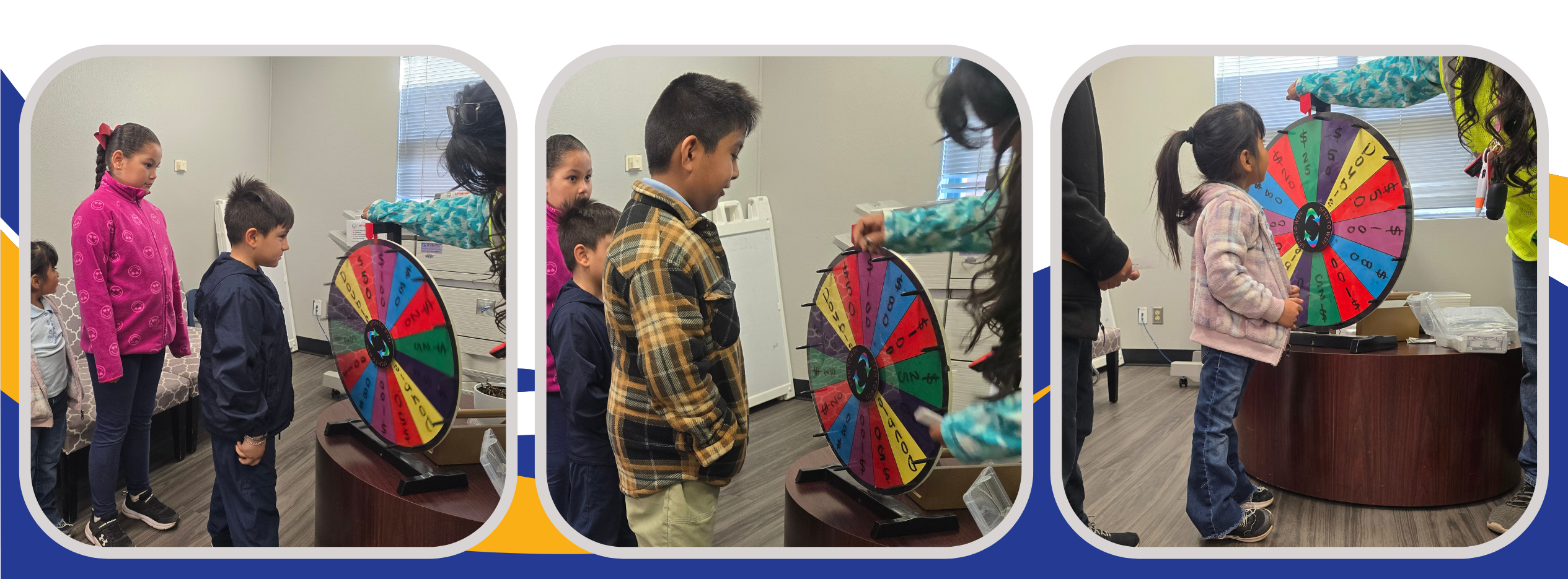 A group of students excitedly spinning the PBIS wheel in a classroom. Each student eagerly watches as the wheel is about to land on a prize, with the goal of earning star-bucks for following the 3 B's (Be Safe, Be Respectful, Be Responsible)