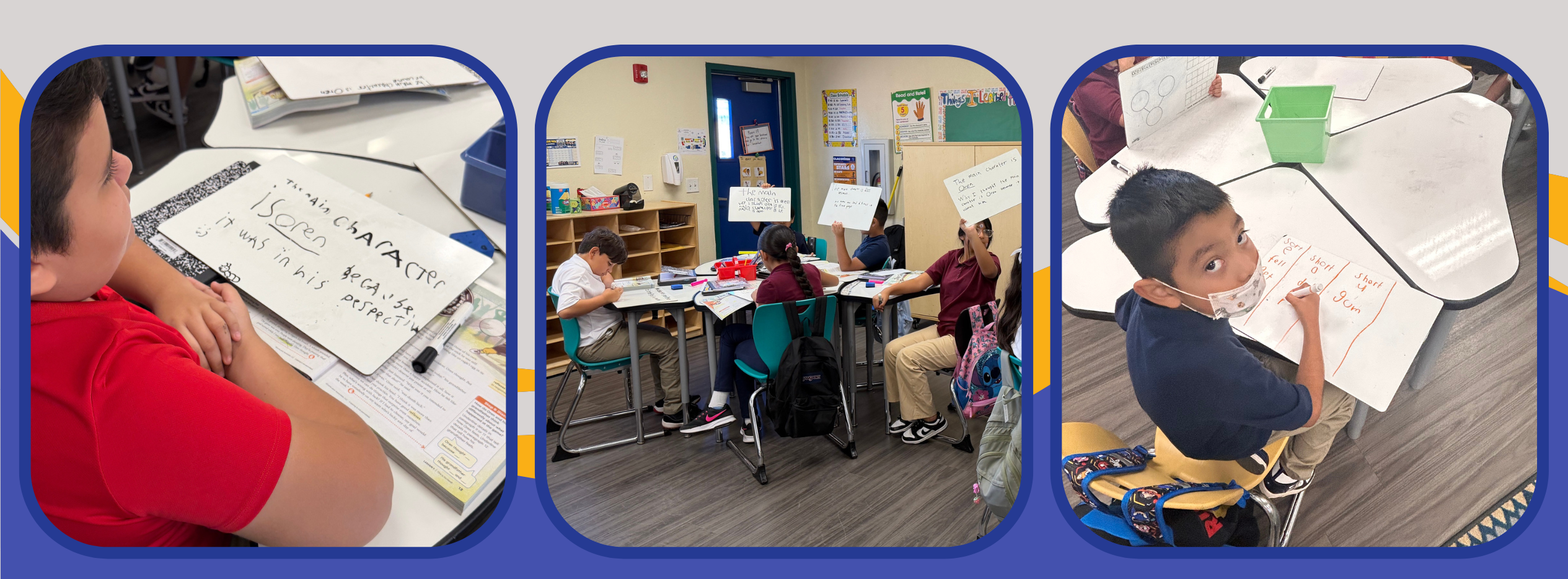 Three-photo collage showing elementary students actively participating in classroom learning activities. In the left photo, a student in a red shirt works with a small whiteboard at a desk. In the center photo, a group of students sits around classroom tables, writing on and holding up individual whiteboards to share their responses. In the right photo, a student seated at a table looks toward the camera while working on a whiteboard with written notes. The photos are framed with rounded blue borders and yellow-and-blue graphic accents, highlighting student engagement, collaboration, and hands-on learning.