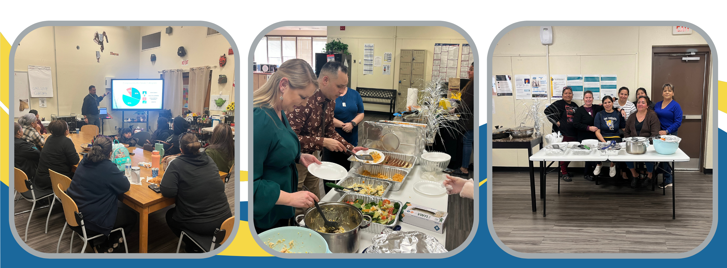 In the first photo, parents are gathered in a cafe with the director of Isaac Middle School. The second photo shows IMS staff serving food that the mothers organized for them. In the third photo, a group of mothers are cooking for the IMS staff.