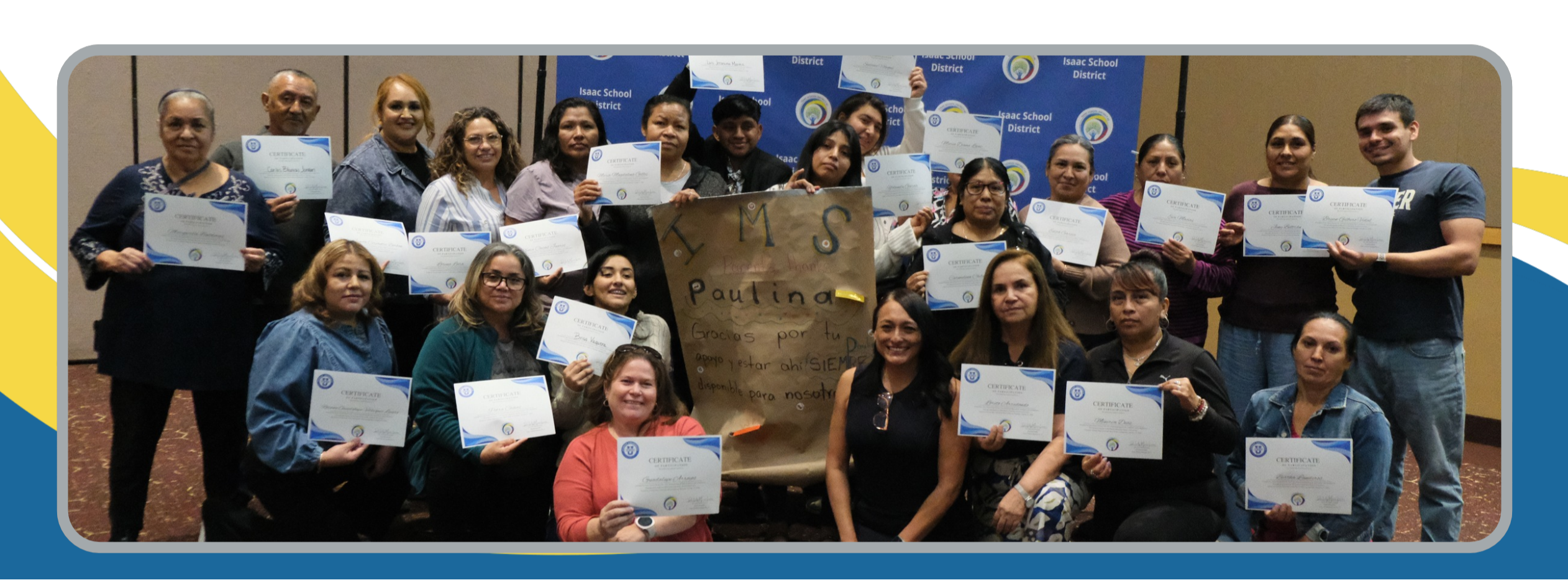 This is a photo showing the staff, students, and parents of Isaac Middle School.