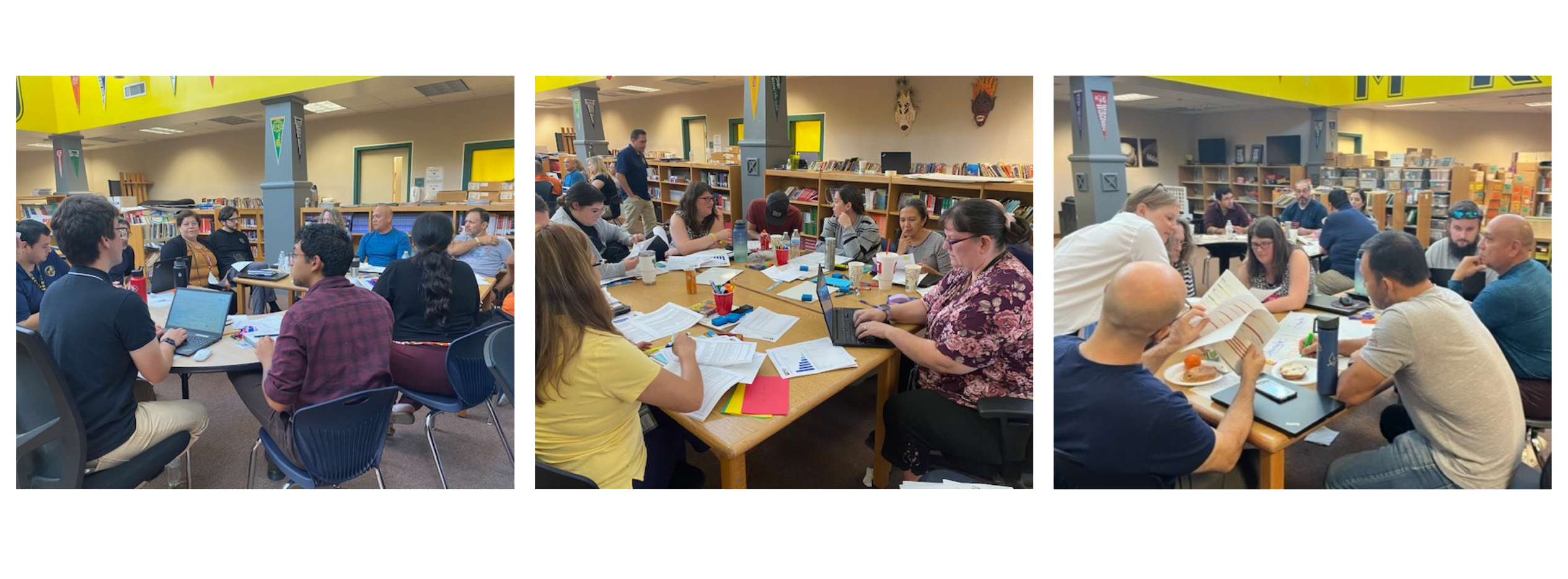 3 pictures, staff collaborating with each other to review and analyze student data during Data Day