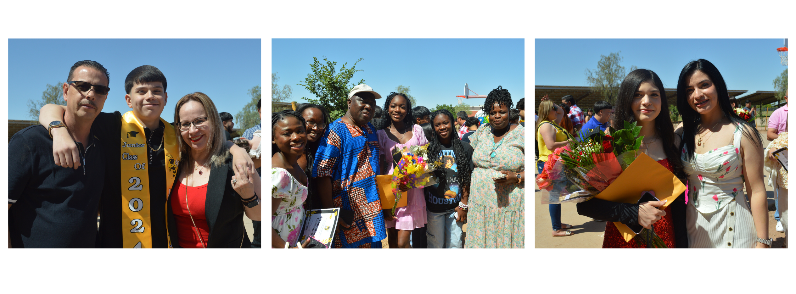 3 pictures, 8th grade students promoting to high school and celebrating with their families