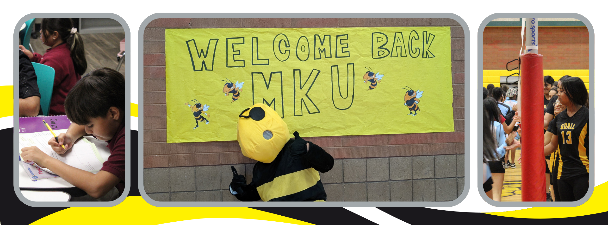 Welcome back MKU with mascot. student working. volleyball game