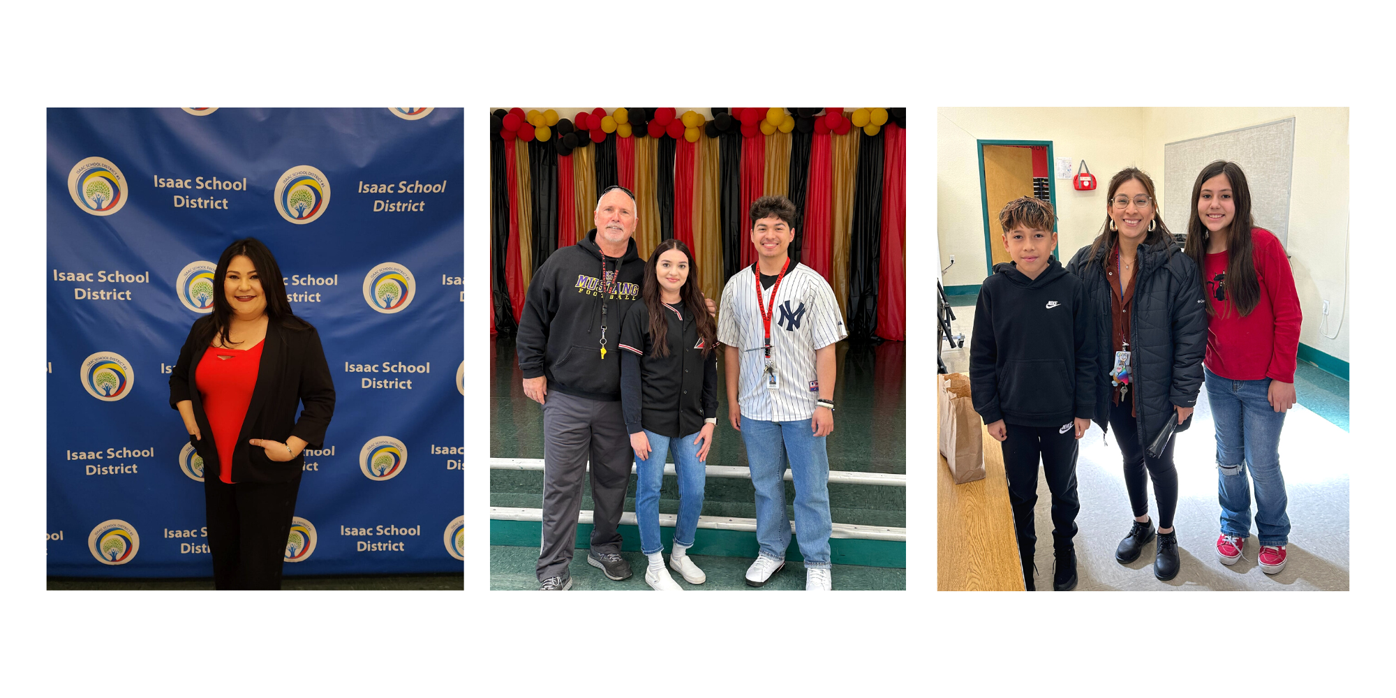 3 photos of the principal, and staff at school  events. 