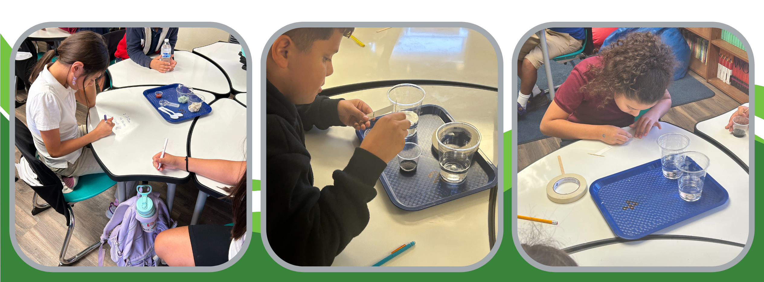 Left Photo: A young student sits at a white, curved table, intently focused on her science experiment. She is using a dropper to place liquid onto a paper. Several science tools and materials are in front of her, including a tray and plastic cups filled with water. A backpack and water bottle are on the chair beside her.  Middle Photo: A boy sits at a similar table with a tray in front of him. He is carefully holding a plastic spoon while performing a science experiment using clear plastic cups filled with liquid. The blue tray contains additional experiment materials, and the student appears deeply concentrated on his work.  Right Photo: Another student, with curly hair, leans over her experiment, focusing on the details of her project. She is working with a blue tray that holds two plastic cups of water and small objects. Various supplies, such as tape and pencils, are scattered on the table around her as she conducts her experiment.