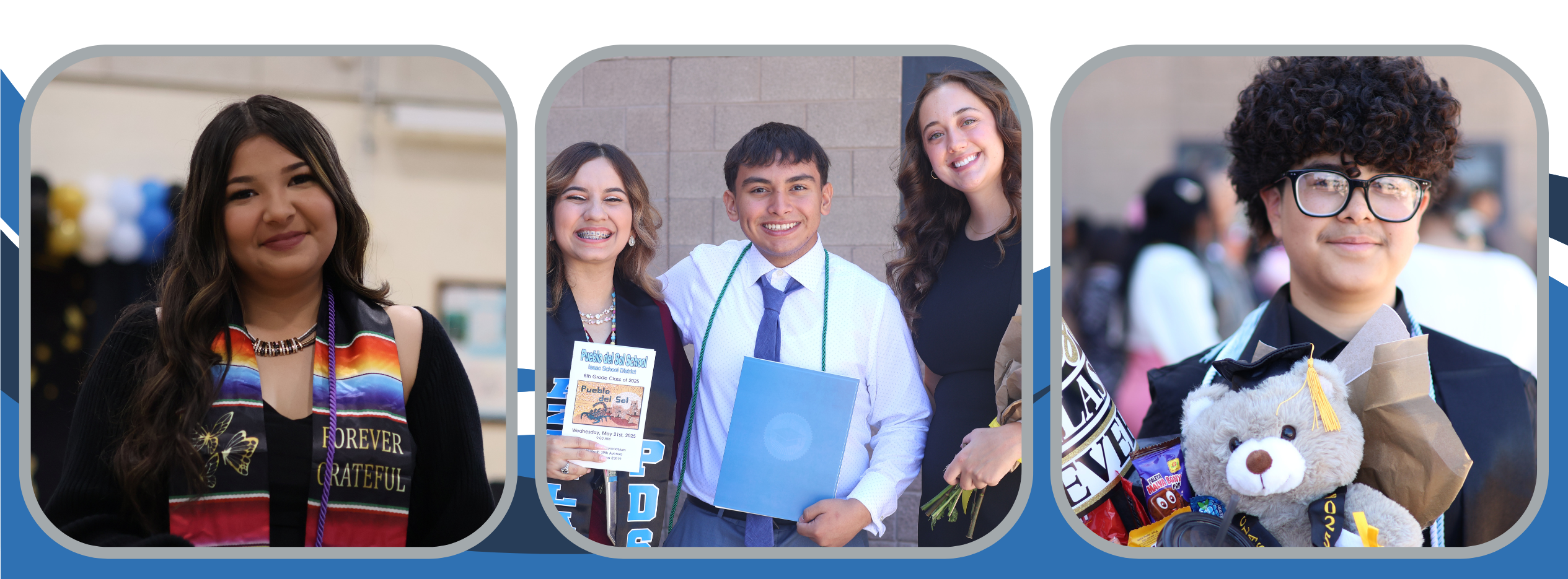 3 photos from 8th grade promotion from left to right: (1) girl smiles after receiving her certificate, (2) two teachers and one student smiles, (3) boy holds graduation gift