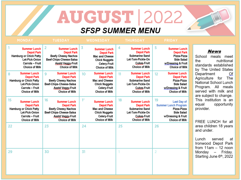 July 2022 Lunch Menu