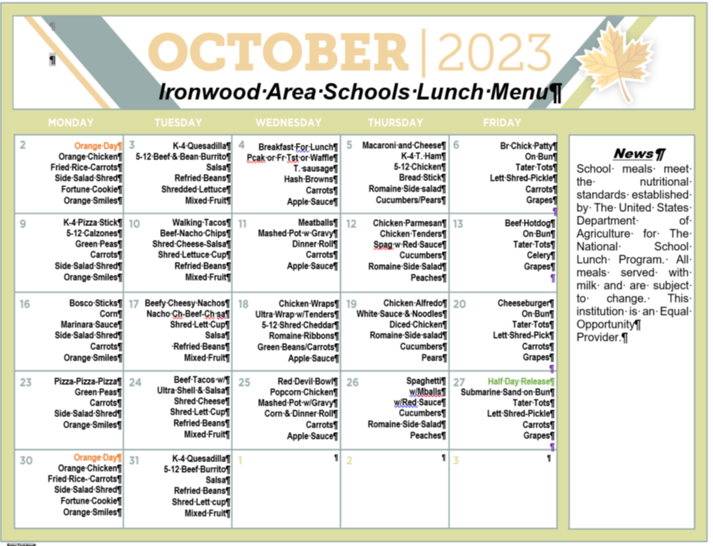 April 2023 Lunch Menu