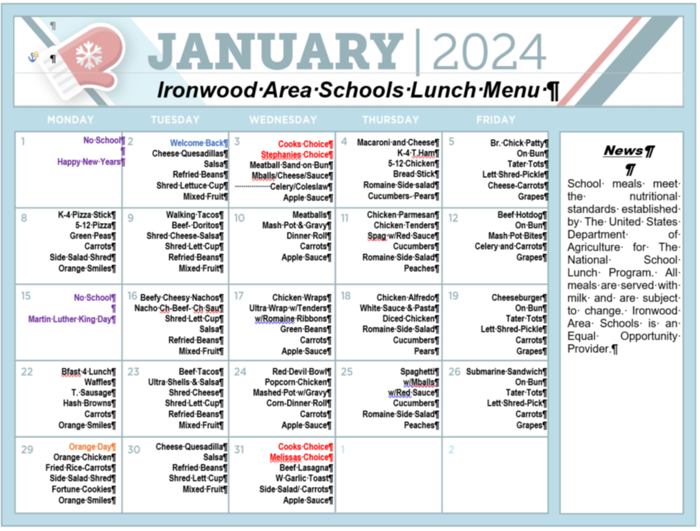 January 2024 Lunch Menu