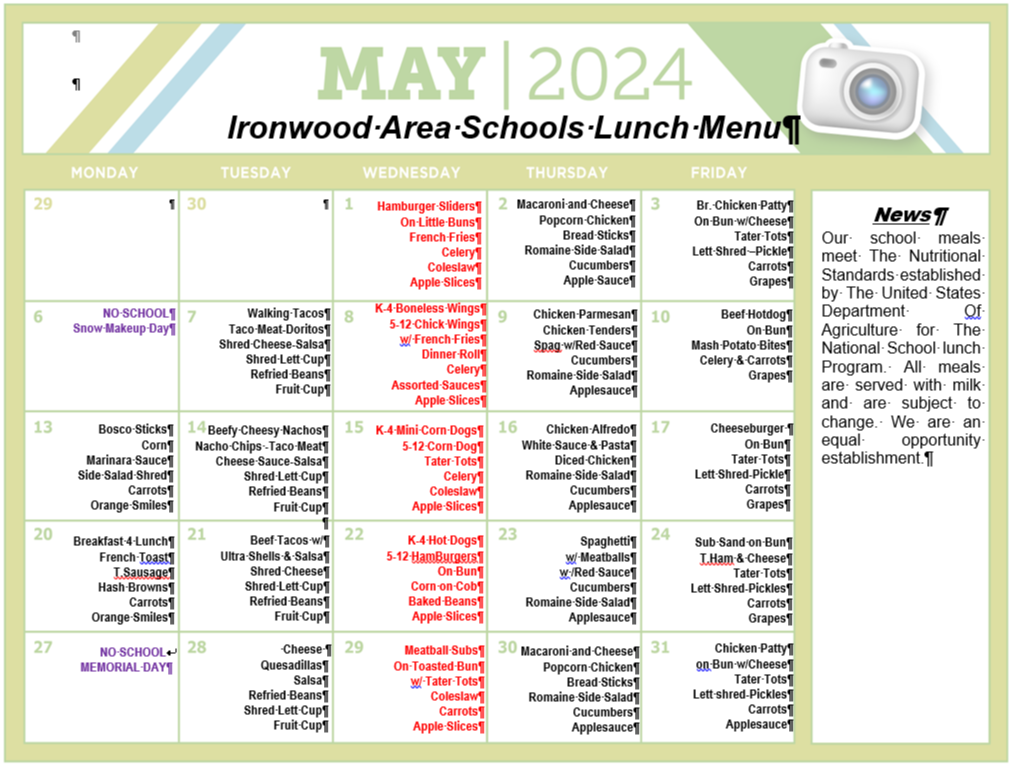 May 2024 Lunch Menu