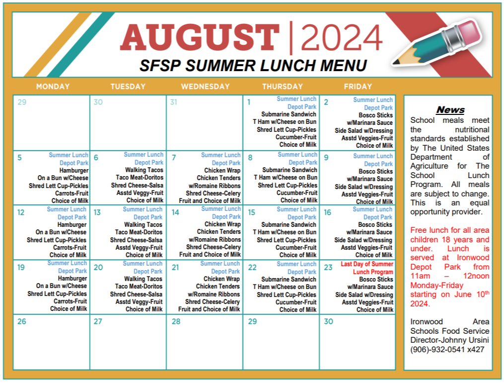 SFSP August 2024 Lunch Menu