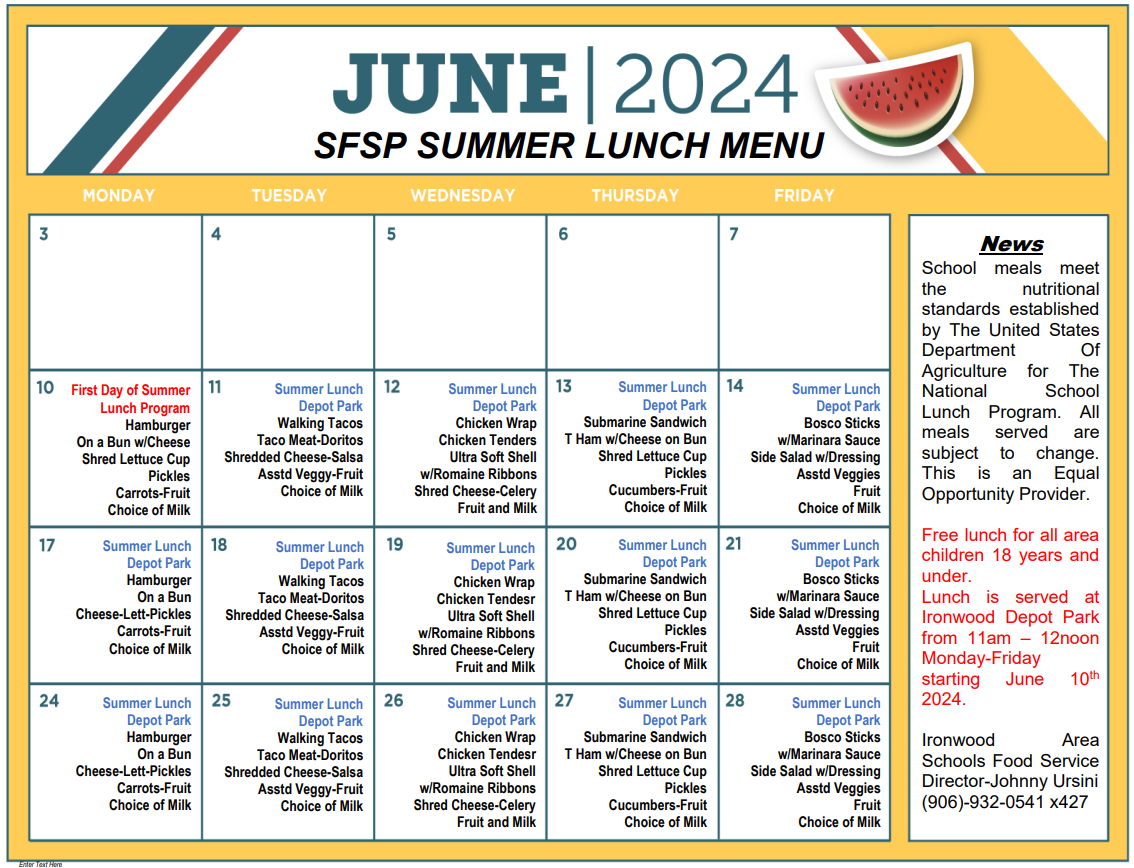 SFSP June 2024 Lunch Menu