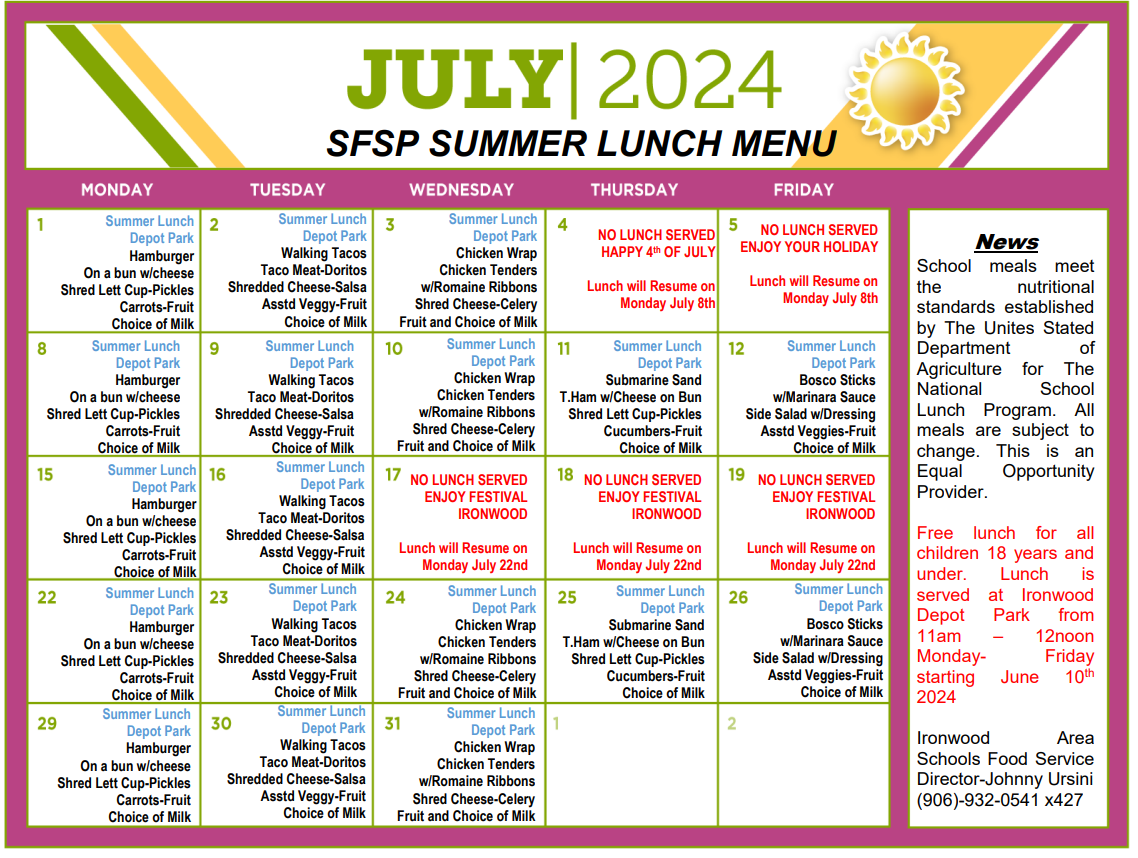 FSP July 2024 Lunch Menu