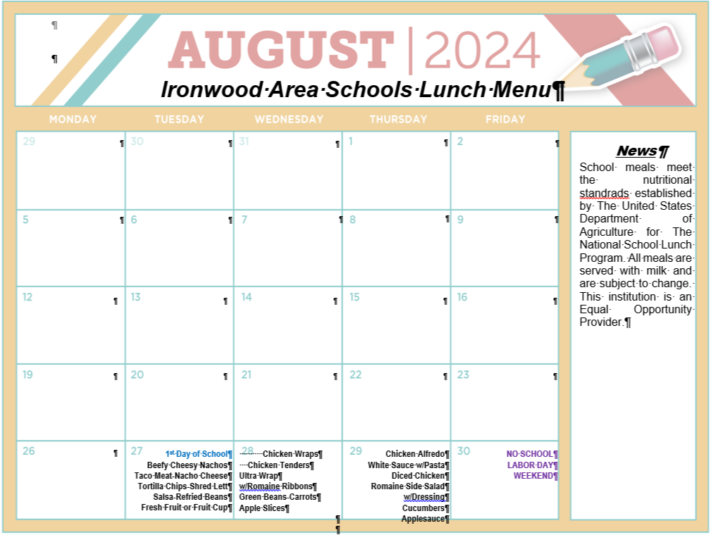 August 2024 Lunch Menu