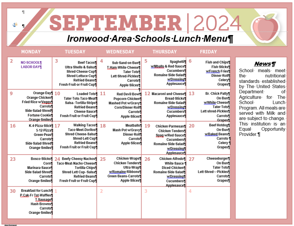 September 2024 Lunch Menu