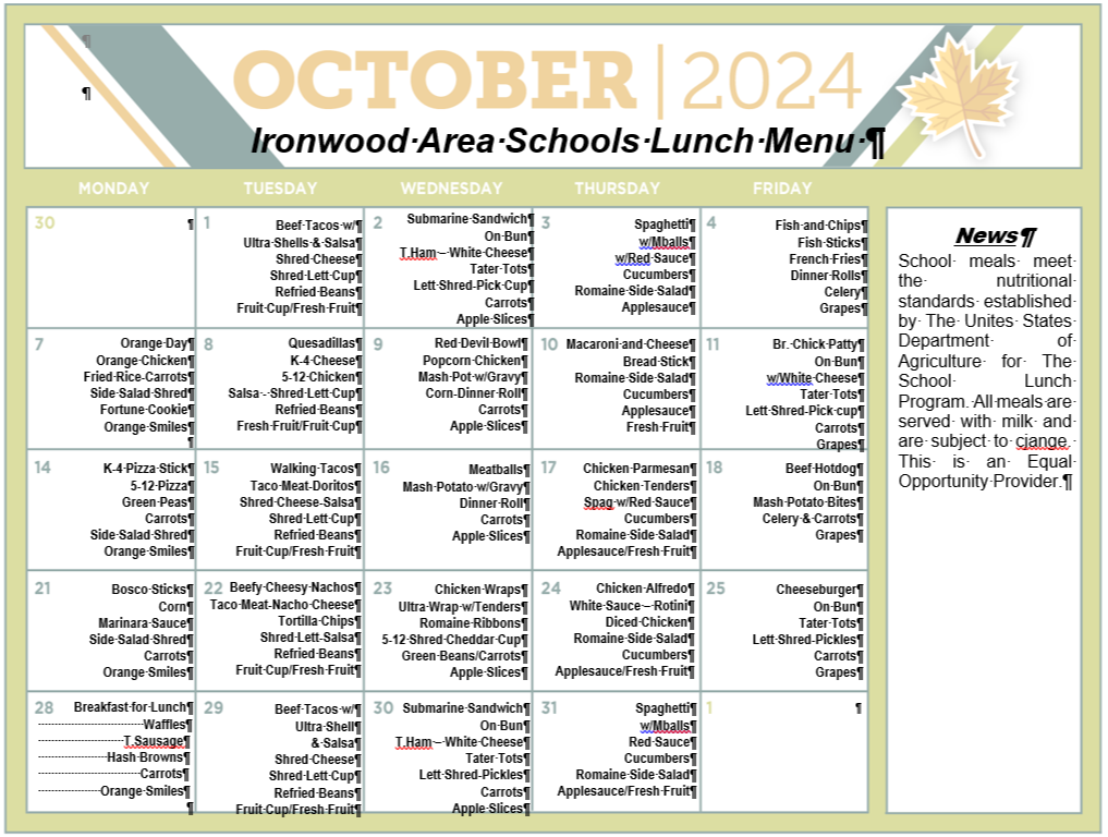 October 2024 Lunch Menu