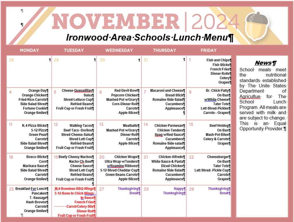 November 2024 Lunch Menu