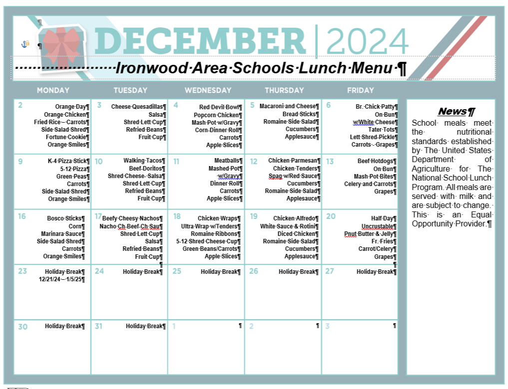 December 2024 Lunch Menu