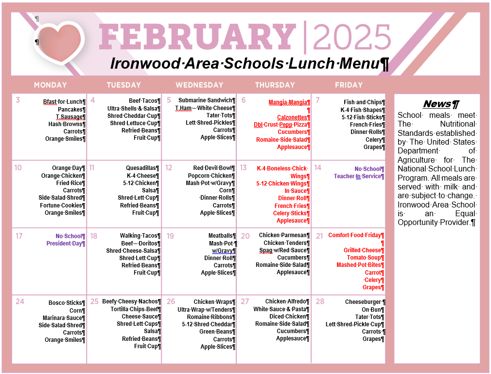 February 2025 Lunch Menu