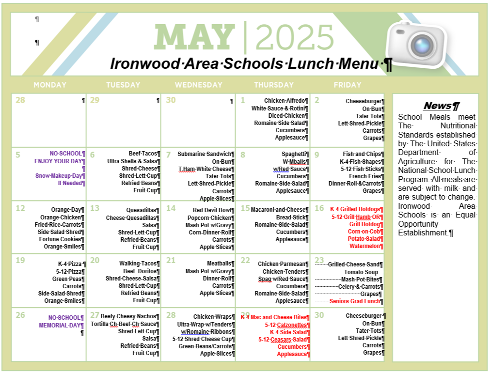 May 2025 Lunch Menu