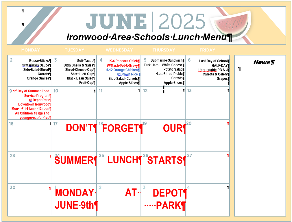 June 2025 Lunch Menu