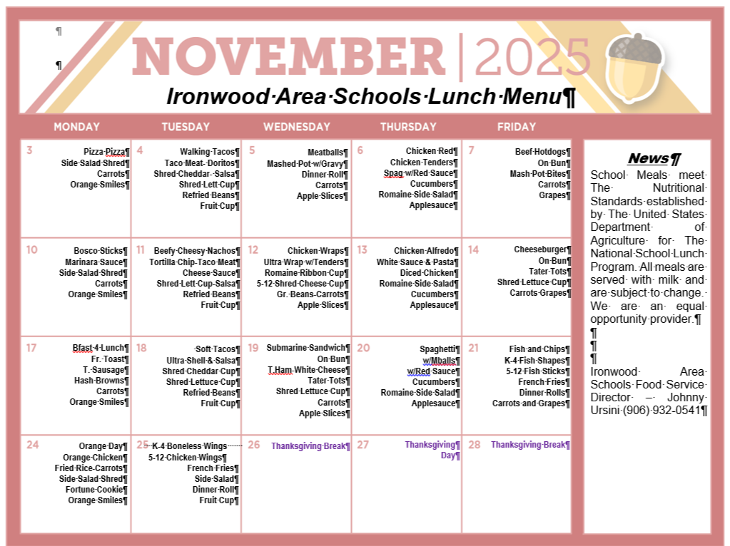 November 2025 Lunch Menu