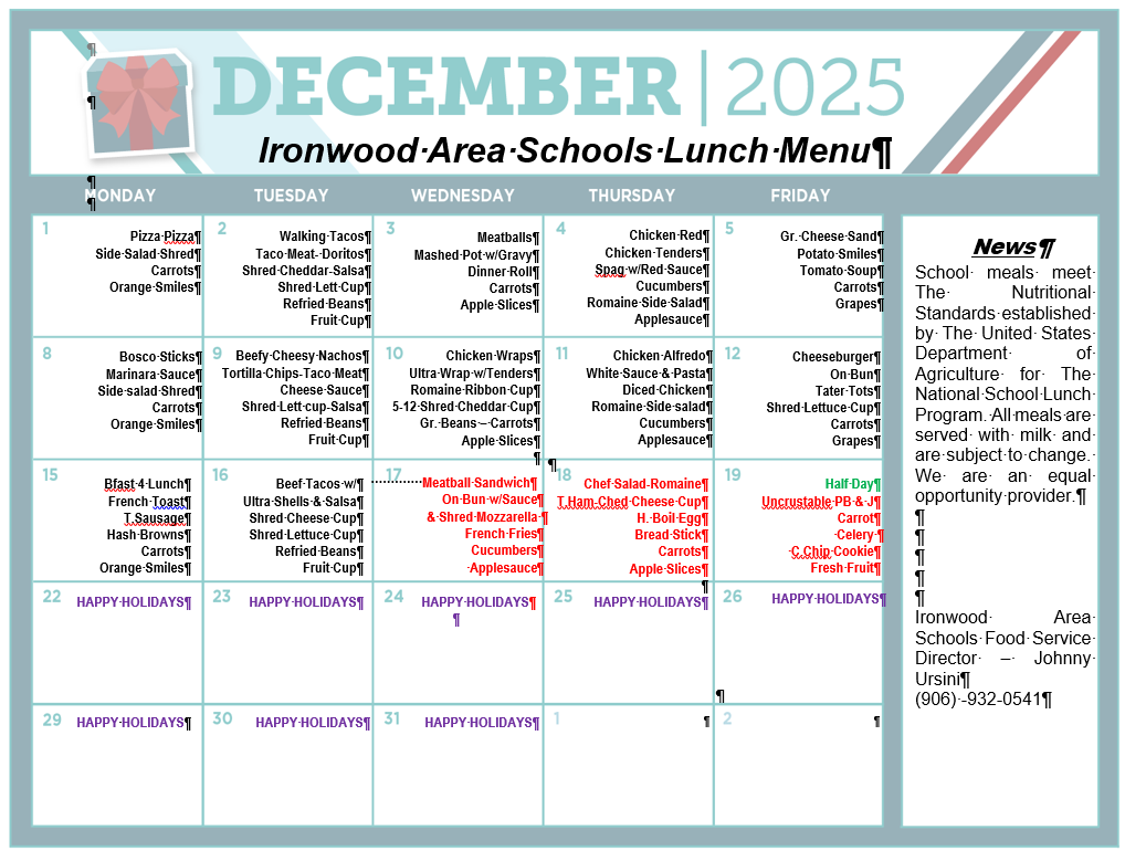 December 2025 Lunch Menu