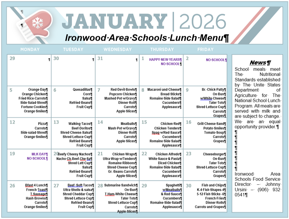 January 2026 Lunch Menu