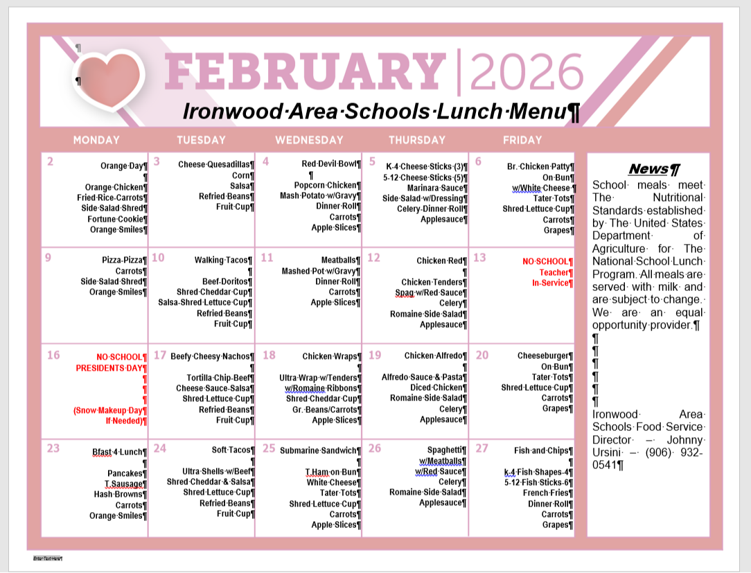 February 2026 Lunch Menu