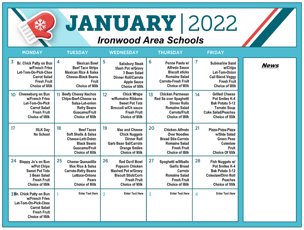January 2022 Lunch Menu