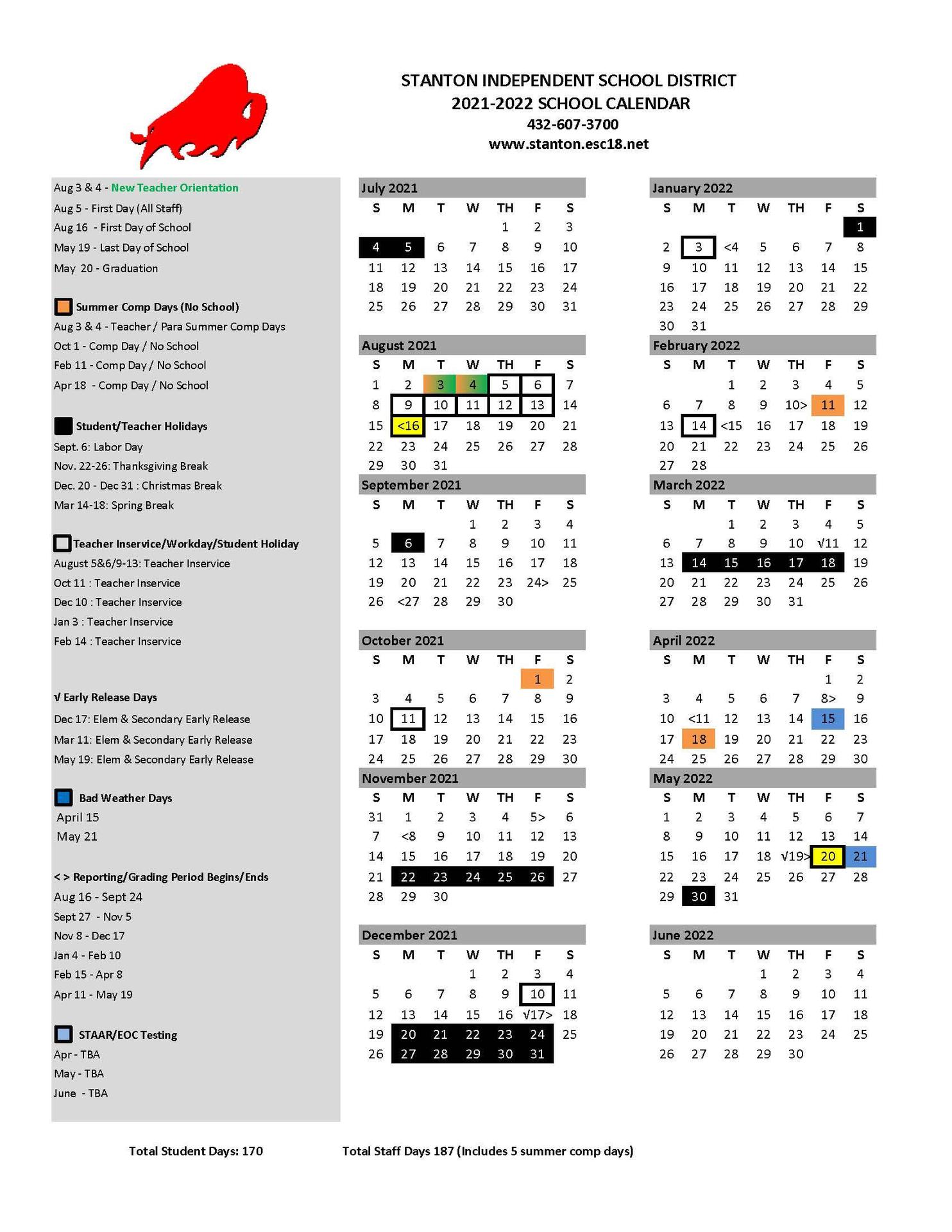 Stanton Independent School District 2021-2022 School Calendar