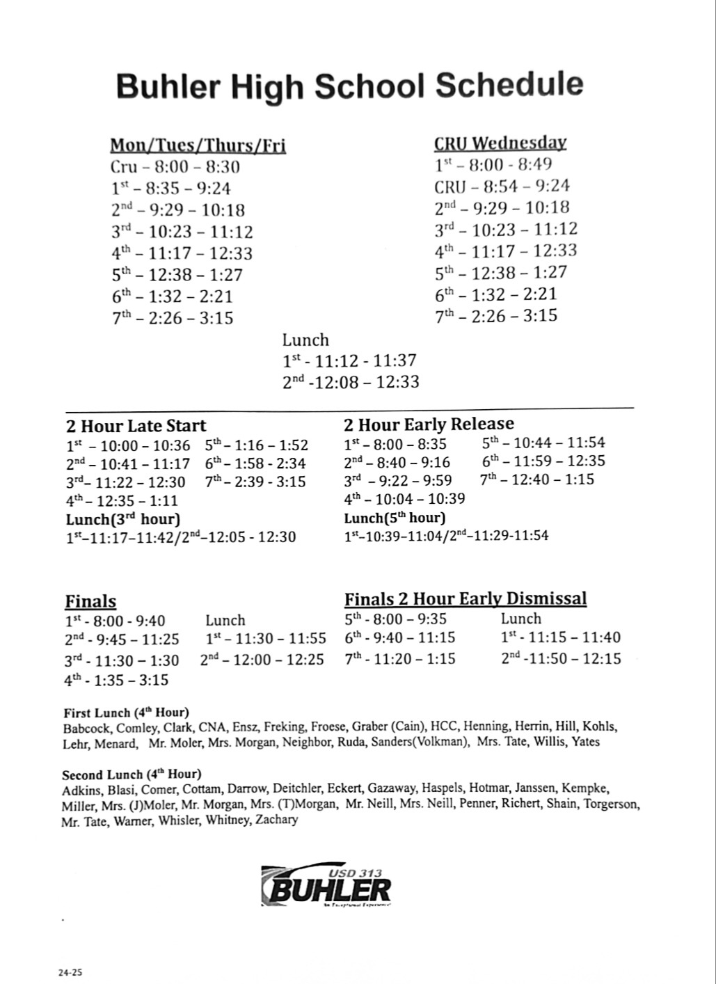 BHS Bell Schedule 2024-2025