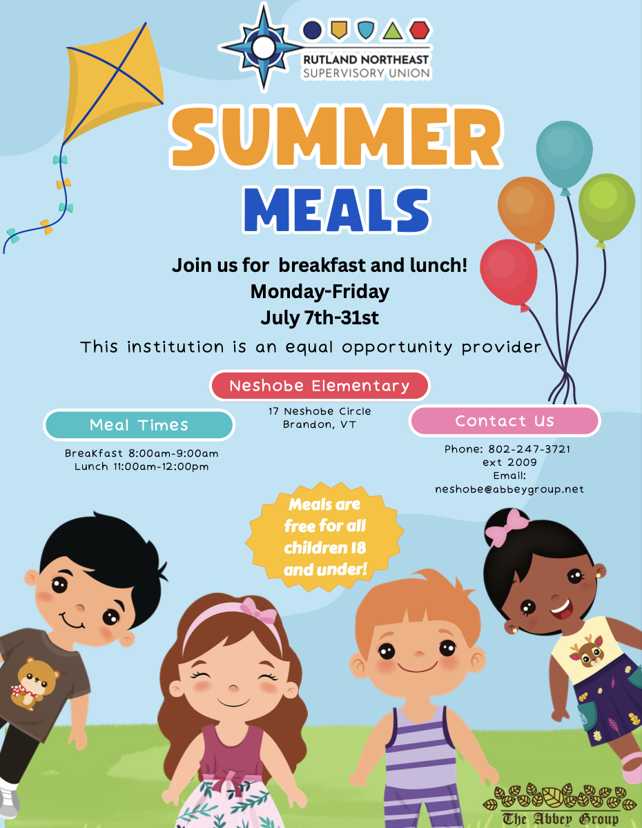 Summer Meals at Neshobe Elementary School - Join us for breakfast and lunch! Monday-Friday July 7th-31st