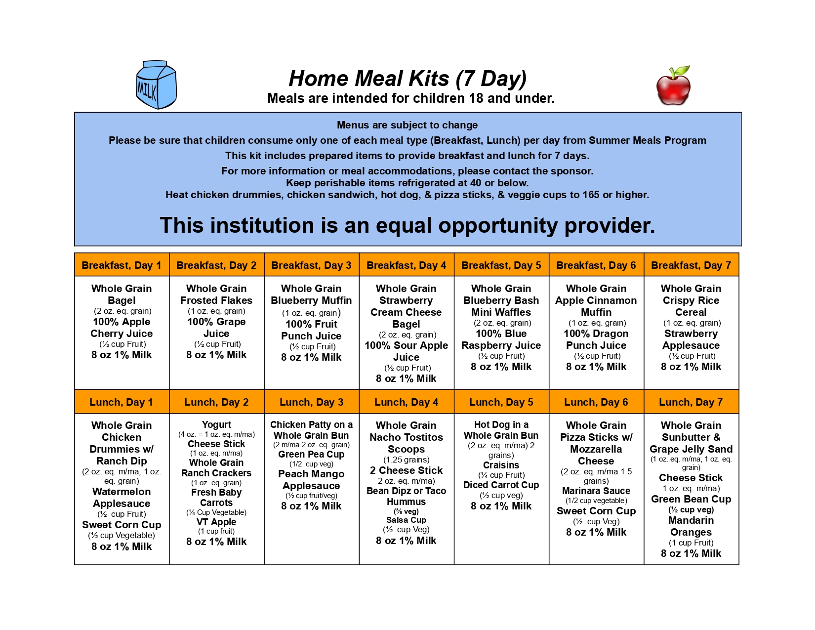 Summer meal box menu - pdf at https://drive.google.com/file/d/1ABVxC_2MlZxf4ESpEe8ugwPIx6jvo7eV/view?usp=sharing