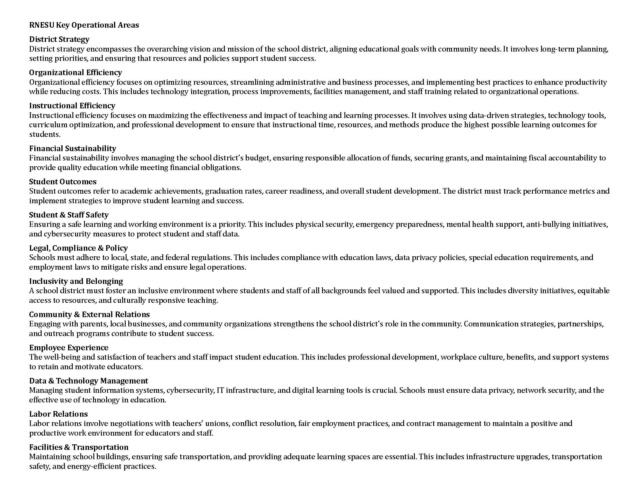 Definitions for Key Operational Areas of Roles and Responsibilities Matrix
