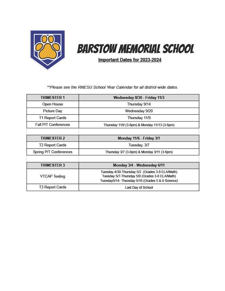 Calendar 202324 School Year Barstow Memorial School