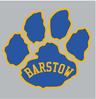 Blue paw outlined in gold with gold "Barstow" written on the paw