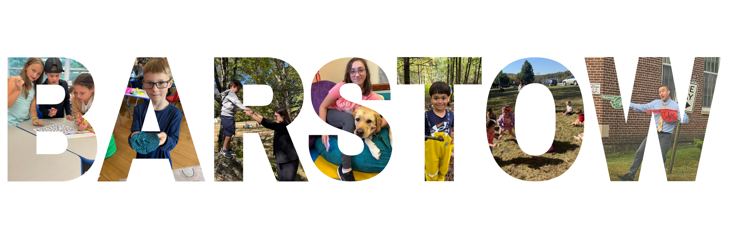 The word “BARSTOW” filled with photos of students and staff learning, playing, and engaging in activities around the school.