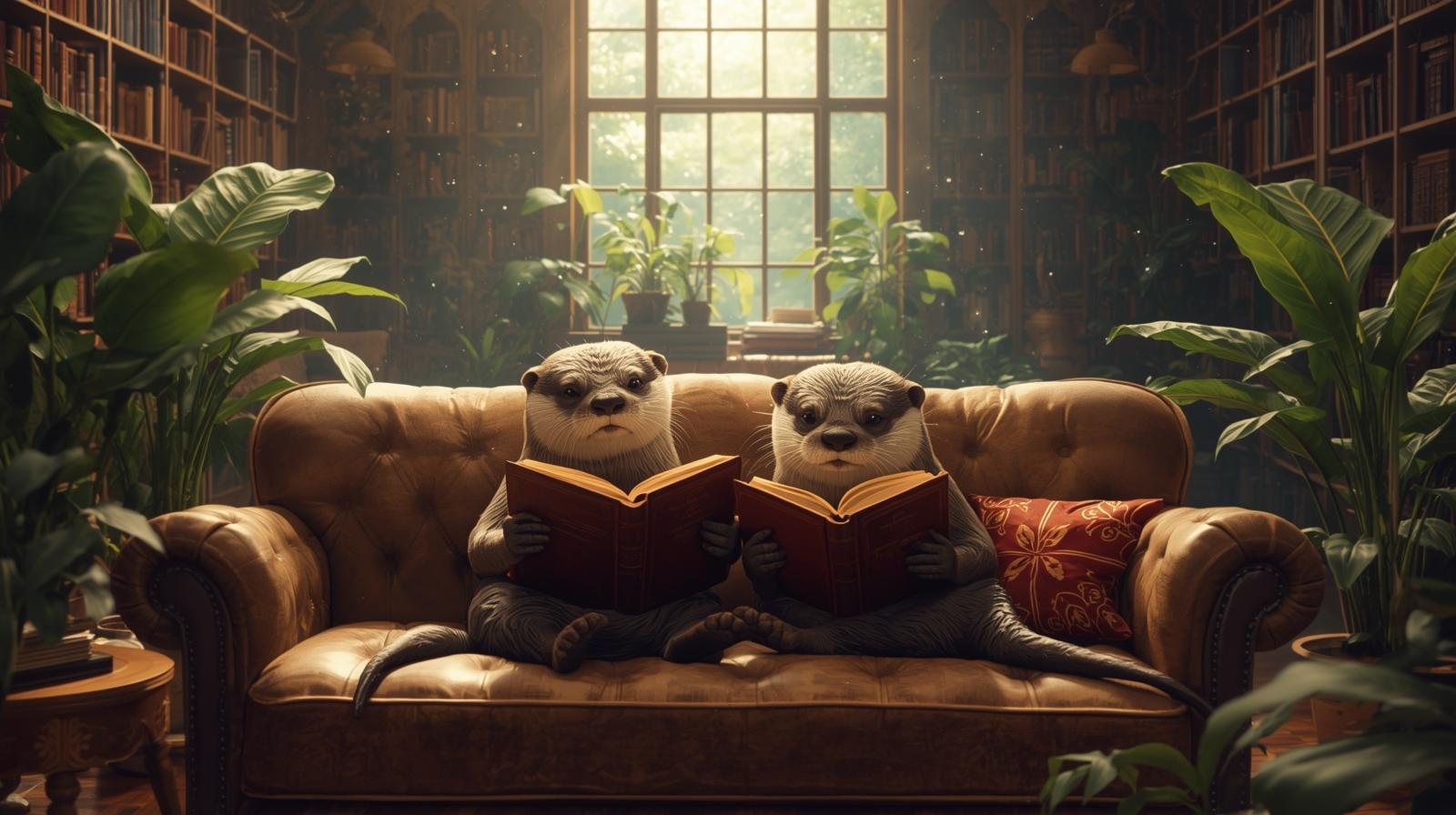 Otters Reading books on a comfy couch in a library setting surrounded by plants and sunlight
