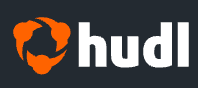 A logo featuring "hudl" in white with an orange heart-shaped outline on a black background.