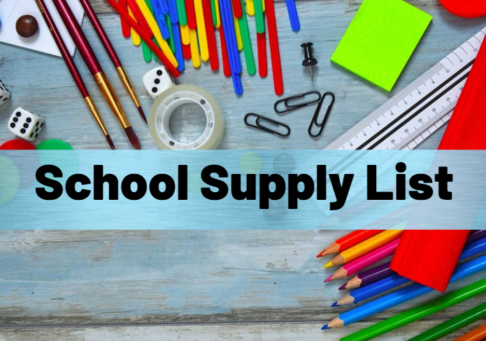 School Supply List with images of pencils, scissors, and paperclips