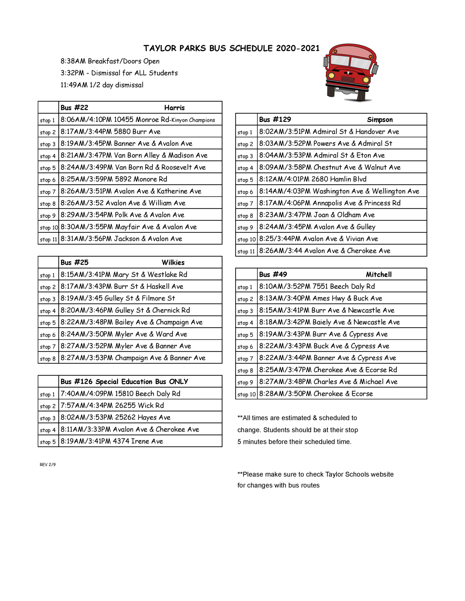 Taylor Parks Bus Schedule 2020-2021