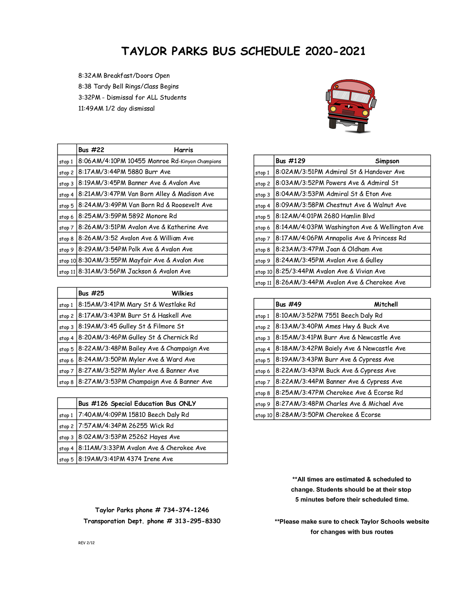 Taylor Parks Bus Schedule 2020-202