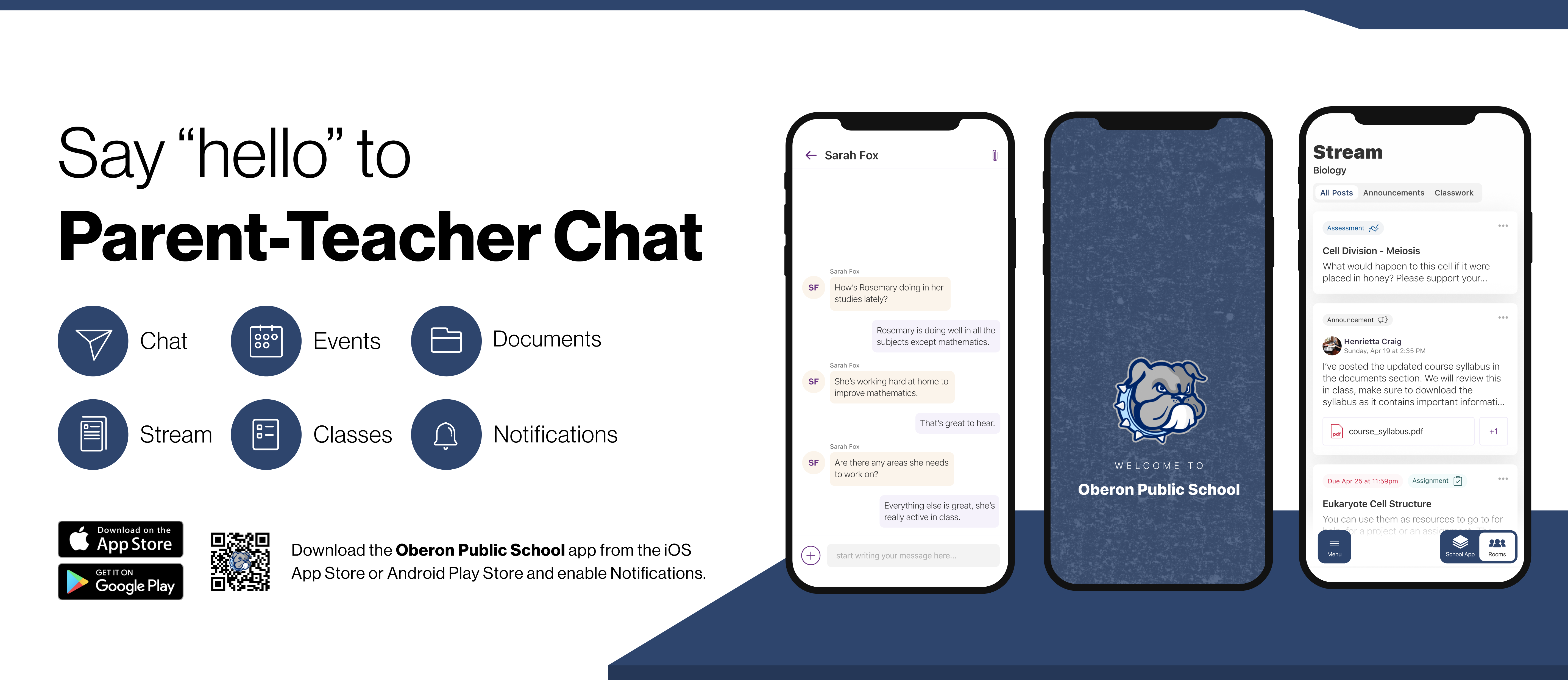 say hello to parent teacher chat in the Oberon school app