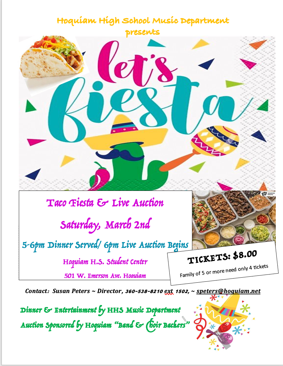 Poster advertising Auction and Dinner for March 2nd - "Fiesta Taco"