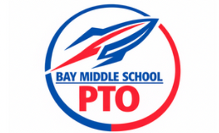 Bay Middle School PTO Logo in red, white and blue with the Rocket logo and text.