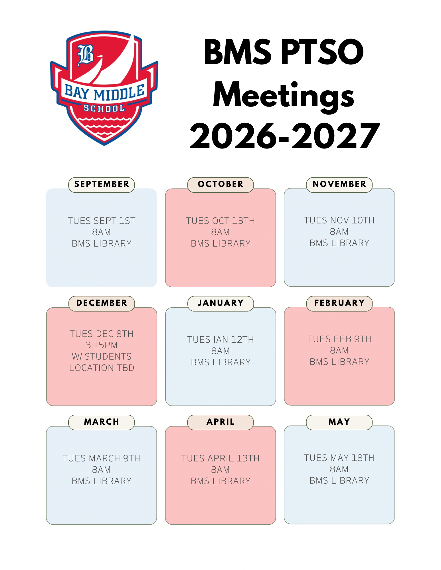 Bay Middle School PTO 2026-27 Meeting Calendar with dates, times, places.