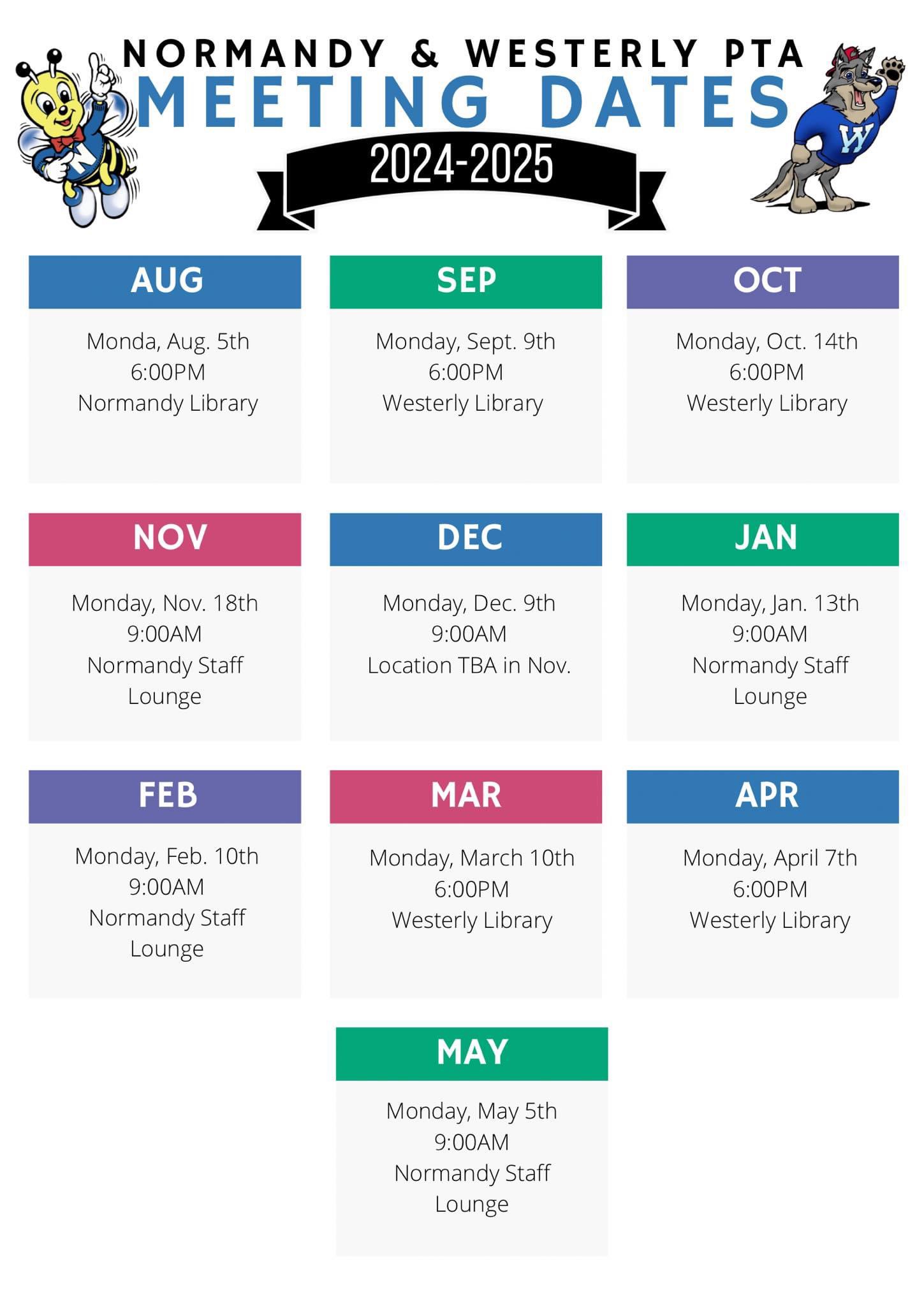 Westerly & Normandy PTA Meeting Schedule for 2024-25 SY