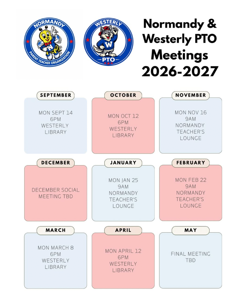 Normandy & Westerly PTA Meeting Schedule for 2026-27 School Year