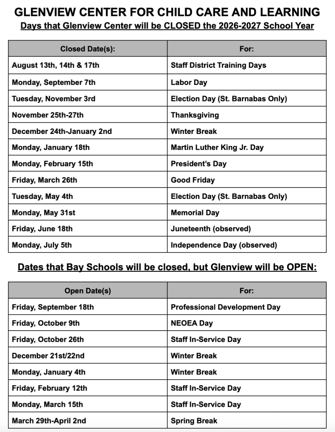 closed days
